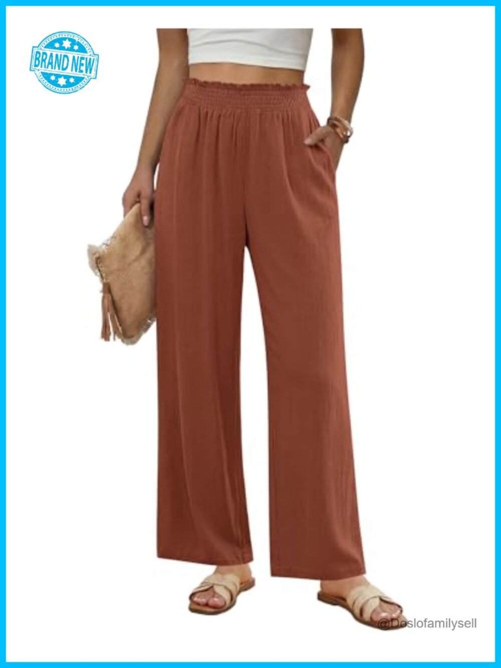 Wide Leg Linen Palazzo Pants High Waisted Smocked Waist Pull On 28 Inseam